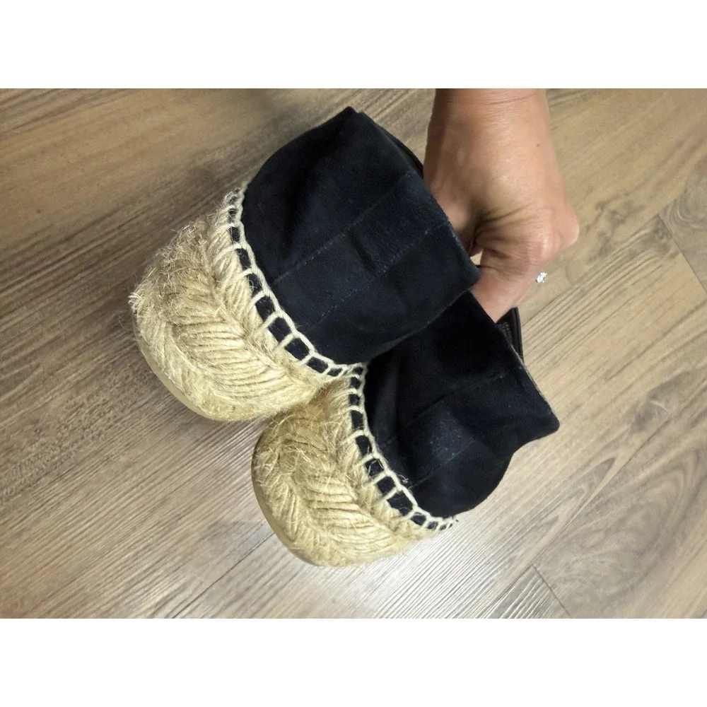 Tory Burch Espadrille Black Platform Slides Leather Suede Chunky Resort Luxury